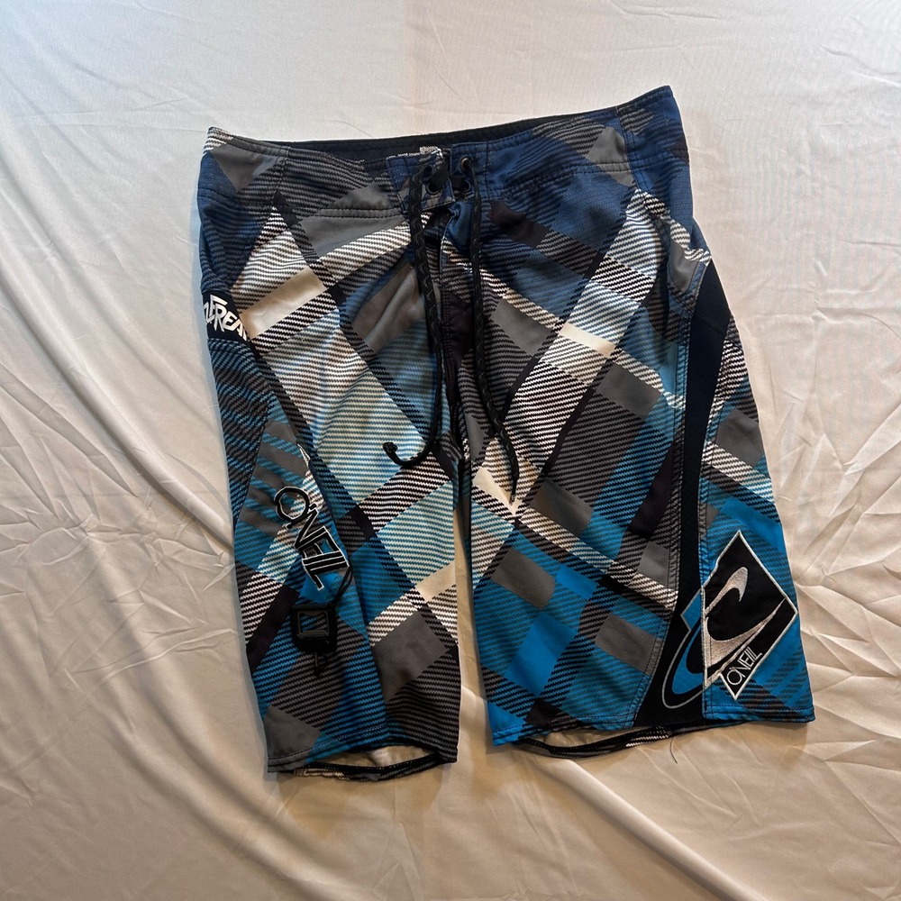 ONeill Lopez Freak Board Shorts Mens 34 Blue Grey Plaid Surf Swim Trunks